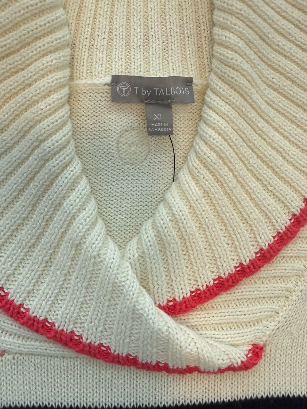 T by Talbots Cream and Navy Striped Cowl Sweater with Pink Trim NWT sz XL - Picture 7 of 10